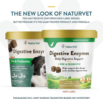 NaturVet  Digestive Enzymes - Plus Probiotics & Prebiotics  Helps Support Diet Change & A Healthy Digestive Tract  for Dogs (Soft Chews, 70 Count)