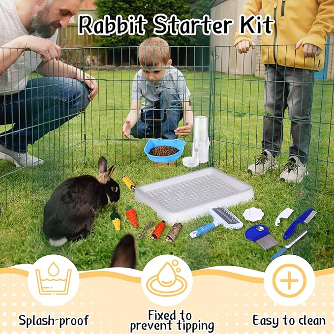 19 Pcs Rabbit Starter Kit Small Bunny Litter Box Animal Grooming Kit Water Bottle Bunny Toys Hay Feeder Bowl Blankets with Cleaning Set for Guinea Pig Rabbit Accessories (White)