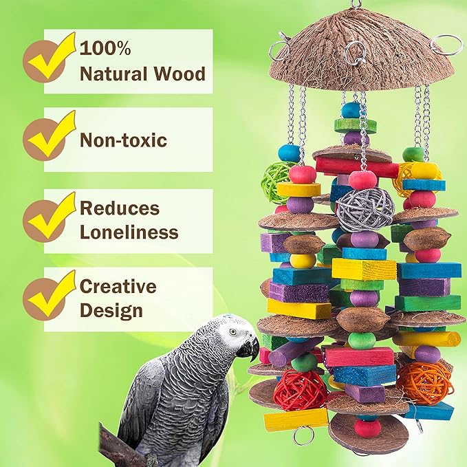 EBaokuup Large Bird Parrot Toys, Colorful Wooden Blocks Bird Chewing Toy Parrots Cage Bite Toy for Macaws Cokatoos African Grey and Large Medium Parrot Birds