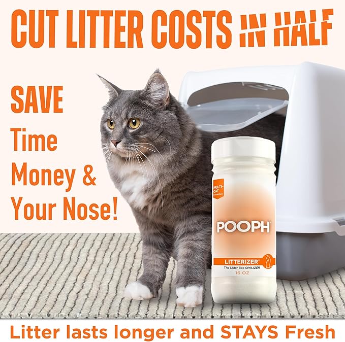 POOPH® LITTERIZER™ – The Litter Box Civilizer Helps Cut Litter Cost in Half Eliminates Organic Odor On-Contact Absorbs And Helps Keep Litter Dry NO Fragrance NO Harsh Chemicals Safe Effective