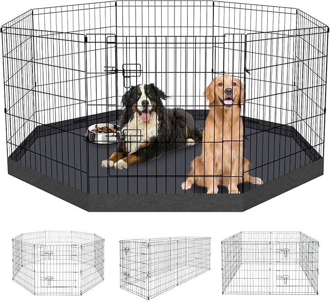 Dog Pen Pet Playpen Dog Fence Indoor Foldable Metal Wire Exercise Puppy Play Yard Pet Enclosure Indoor Outdoor 8 Panels 30 Inch with Bottom Pad/Top Cover