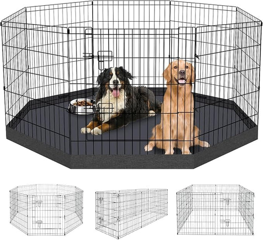 Dog Pen Pet Playpen Dog Fence Indoor Foldable Metal Wire Exercise Puppy Play Yard Pet Enclosure Indoor Outdoor 8 Panels 30 Inch with Bottom Pad/Top Cover