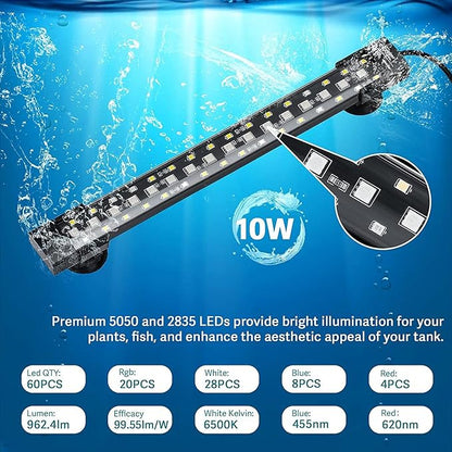 hygger 24/7 Mode Submersible Aquarium LED Light, Full Spectrum Hidden Fish Tank Light with 3 Rows Beads 7 Colors Auto On Off Sunrise-Daylight-Moonlight, Adjustable Timer Brightness 10W