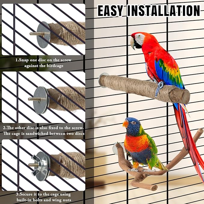 REHALY Large Bird Perch Stand, 5PCS Bird Perch Set - Natural Wood Grape Sticks, Paw Grinding Forks, Stand & Toys for Parakeets, Cockatiels, Conure, Budgies, Birds Cage Accessories