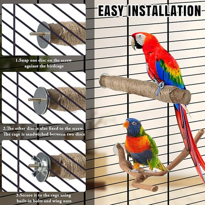 REHALY Large Bird Perch Stand, 5PCS Bird Perch Set - Natural Wood Grape Sticks, Paw Grinding Forks, Stand & Toys for Parakeets, Cockatiels, Conure, Budgies, Birds Cage Accessories