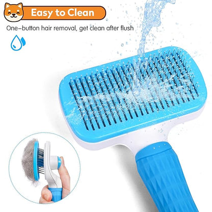 Dog & Cat Brush, Self Cleaning Slicker Brush for Pets, Upgraded Dog Brush for Shedding Massaging and Grooming, Removes Loose Undercoat & Portable Comb for Long Short Haired Dogs(Blue)