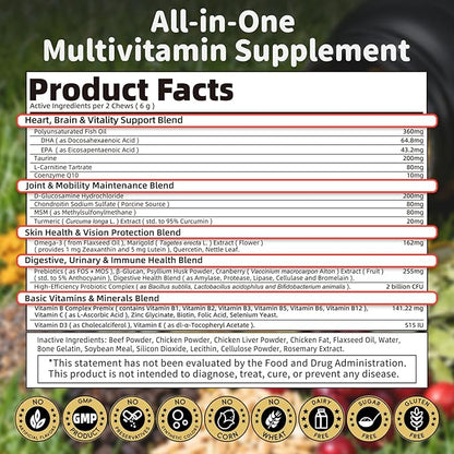 25-in-1 Dog Multivitamin Chews  All-in-One Daily Vitamins & Supplements for Dogs, Joint Support with Glucosamine MSM, Omega-3 Skin & Coat, Gut, Heart & Brain, All Breeds & Ages, Beef, 60Ct