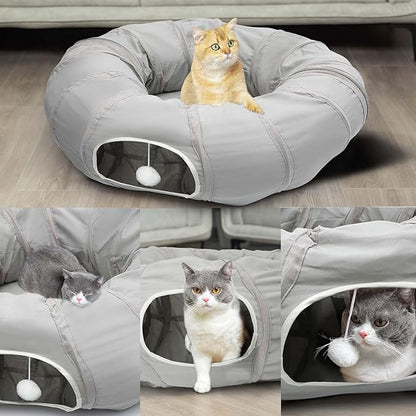 AUOON Cat Play Tunnel - Round Cat Tunnel with Bed | Interactive Cat Toys for Indoor Cats Kitten Kitty Puppy Rabbit Ferret (Light Grey)