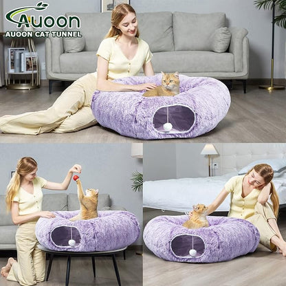AUOON Cat Tunnel Bed for Indoor Cats - Circle Peekaboo Cat Cave with Washable Mat for Indoor Cats Kitten Kitty Puppy Rabbit Ferret (Purple)