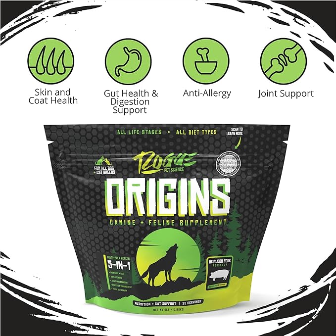 ROGUE PET SCIENCE Origins 5-in-1 Dog Supplement - Powdered Food Topper w/Natural Heirloom Pork Protein- Supports Healthy Digestion, Skin, and Coat - Helps Reduce Itching & Joint Inflammation (2 lbs)