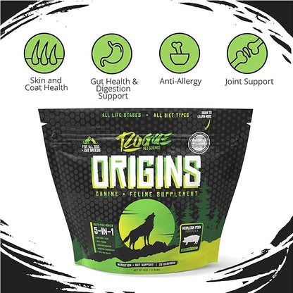 ROGUE PET SCIENCE Origins 5-in-1 Dog Supplement - Powdered Food Topper w/Natural Heirloom Pork Protein- Supports Healthy Digestion, Skin, and Coat - Helps Reduce Itching & Joint Inflammation (2 lbs)