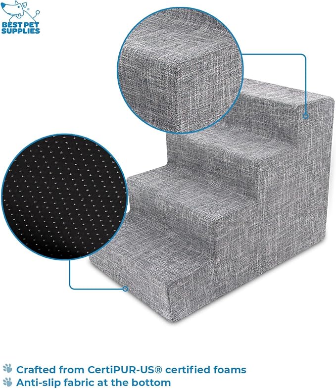 Best Pet Supplies Dog Stairs for Small Dogs & Cats, Foam Pet Steps Portable Ramp for Couch Sofa and High Bed Non-Slip Balanced Indoor Step Support, Paw Safe - Ash Gray Linen, 4-Step