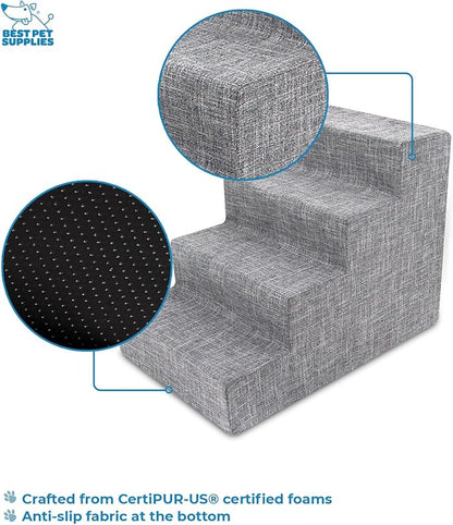 Best Pet Supplies Dog Stairs for Small Dogs & Cats, Foam Pet Steps Portable Ramp for Couch Sofa and High Bed Non-Slip Balanced Indoor Step Support, Paw Safe - Ash Gray Linen, 4-Step