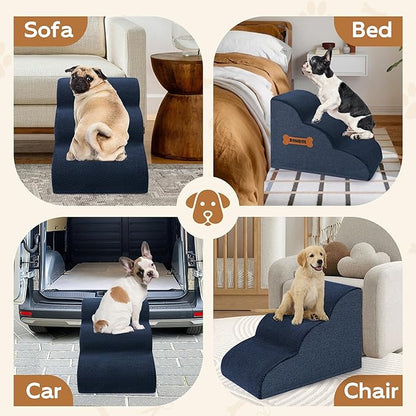 Romrol Dog Stairs Ramp for Beds Couches, Extra Wide Pet Steps with Durable Non-Slip Waterproof Fabric Cover, Pets Slope Stairs, 3-Tiers,Navy