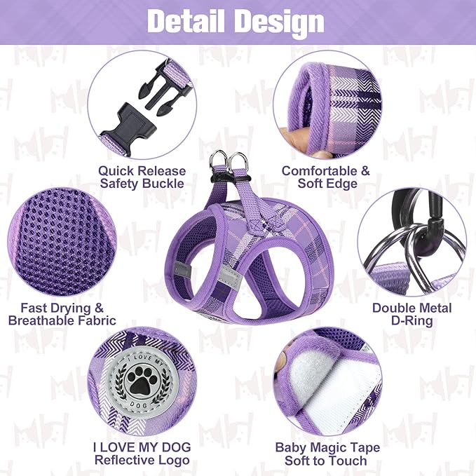 BEAUTYZOO Small Dog Harness and Leash Set,Step in No Chock No Pull Soft Mesh Dog Harnesses Reflective for Extra-Small/Small Medium Puppy Dogs and Cats, Plaid Dog Vest Harness for XS S Pets, Purple XS