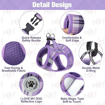 BEAUTYZOO Small Dog Harness and Leash Set, Step in No Chock No Pull Soft Mesh Dog Harnesses Reflective for Extra-Small/Small Medium Puppy Dogs and Cats, Plaid Dog Vest Harness for XS S Pets, Purple L
