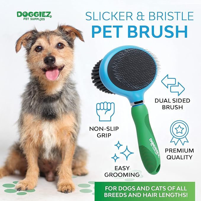 Double Sided Grooming Brush for Dogs & Cats - Pin Slicker Bristle Brush for Long & Short Hair, Puppy Undercoat Grooming