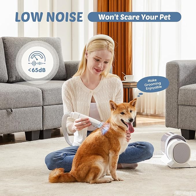 DUMOS 5-in-1 Cordless Pet Grooming Vacuum Kit - Ultra-Quiet Clippers, 2.5L XL Dust Cup, 3 Suction Modes & 5 Pro Tools for Dogs/Cats | Tangle-Free Grooming, All-in-One Cleaning (White)