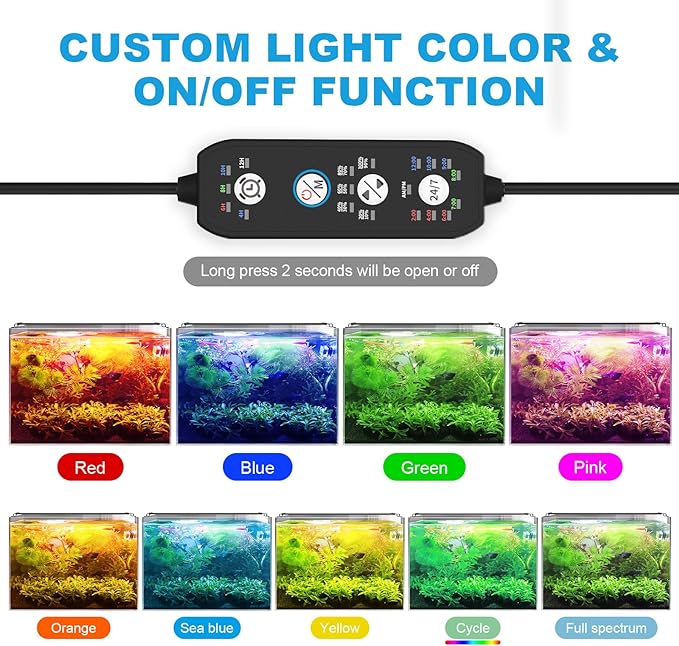 SEAOURA 24/7 Mode Led Aquarium Light for Plants Growth-Full Spectrum Fish Tank Light with Timer, Auto On/Off, 7 Colors, Adjustable Brightness, 14W for 12 to 18 Inch Freshwater Tank