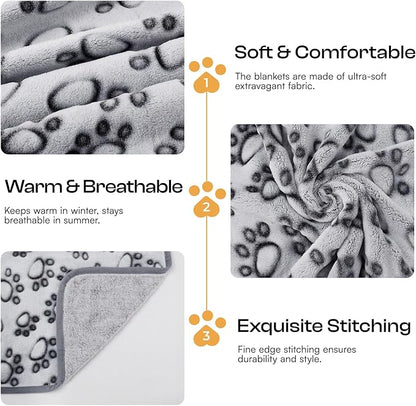 Luciphia 1 Pack 3 Blankets Fluffy Premium Fleece Pet Blanket Flannel Paw Printed Throw for Dog Cat Grey Paw Small(23"x16",Pack of 3)