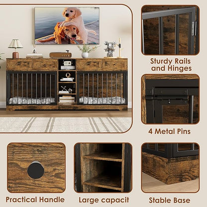 IDEALHOUSE 82” Large Dog Crate for 2 Dogs, Dog Kennel Indoor with 4 Drawers and Shelves, Double Dog Crate Furniture TV Stand, Wooden Heavy Duty Dog Crate for Medium Large Dogs, Rustic Brown
