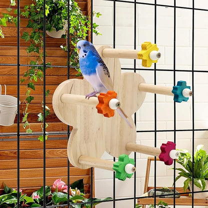 2 Pcs Bird Rotating Perch Toy,Durable Unique Wooden Ferris Wheel Parrot Toys with 5 Perches,Bird Cage Accessories for Parakeet, Cockatiel, Budgerigar,Conures, Lovebirds(Rotating-5cha-2P)