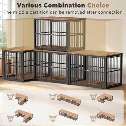 43'' Dog Crate Furniture with 3 Doors, XL Wooden Crate End Table Heavy Duty Indoor Puppy Cage for Medium to Large Dogs, Multiple Units Can be Combined