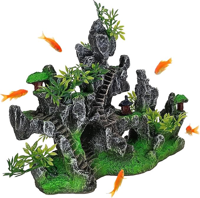 kathson Aquarium Mountain View Stone Resin Fish Tank Decorations Betta Hideout Caves Rockery Landscape Tree Aquarium Decorations Large Rock Hiding Cave Decor for Small Fish Shrimp Play Ornament