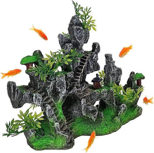 kathson Aquarium Mountain View Stone Resin Fish Tank Decorations Betta Hideout Caves Rockery Landscape Tree Aquarium Decorations Large Rock Hiding Cave Decor for Small Fish Shrimp Play Ornament