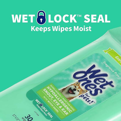 Wet Ones for Pets Extra Gentle Hypoallergenic Dog Wipes with Witch Hazel for Snout, Eye, Ear | Fragrance-Free for All Dogs with Wet Lock Seal | 30 Ct Pouch