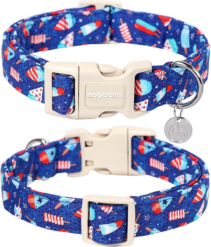 DOGWONG Cotton Dog Collar - Popsicle Summer Durable Soft Natural Fabric Pet Collar, Cute Blue Ice Cream Puppy Necklace for Small Medium Large Dogs