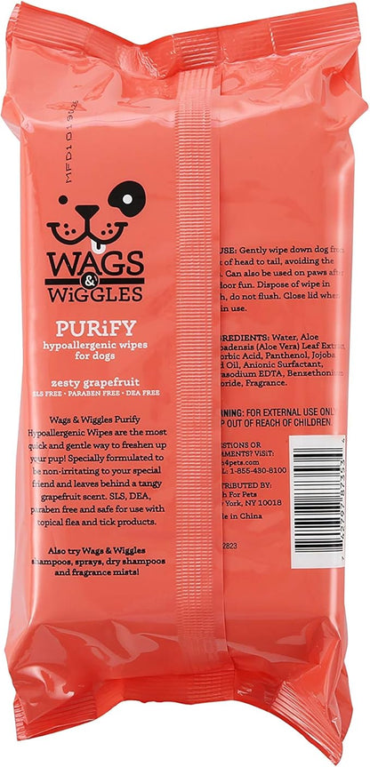 Wags & Wiggles Purify Hypoallergenic Wipes for Dogs | Gently Clean & Condition Your Dog's Coat Without A Bath | Zesty Grapefruit Scent Your Dog Will Love, 100 Count (Pack of 2)