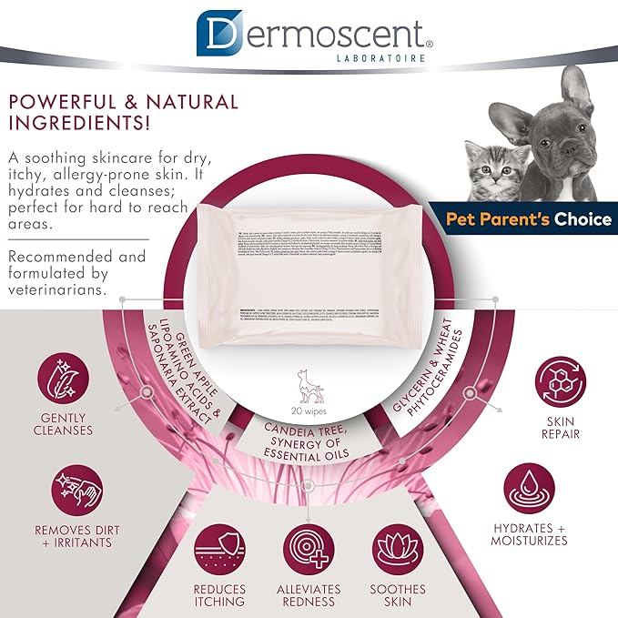 Dermoscent ATOP 7 Wipes for Dogs and Cats | Soothing Cleansing Care for Sensitive Skin | Travel-Friendly