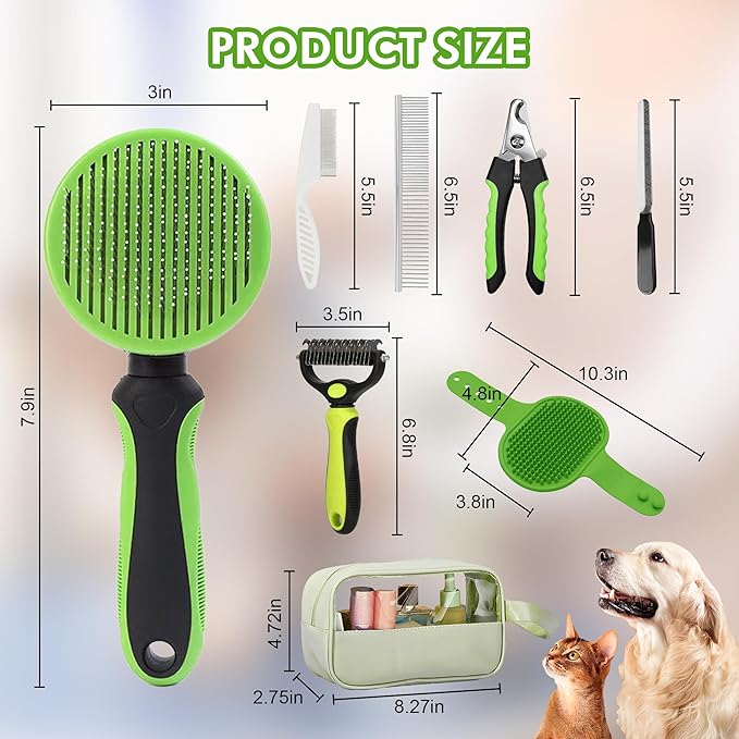 Pet Grooming Brush Kit 7pcs, Cat Brush with Release Button Brush Set -Cat Brush&Nail Clippers File Set for Cat Dogs Long matted Haired Pets and Nail Repair