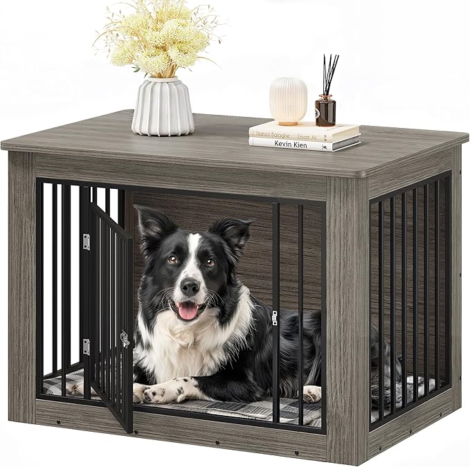 YITAHOME Dog Crate Furniture for Large Dogs, Side End Table, Modern Dogs Kennel Indoor up to 60 lb, 2-in-1 Iron-Wood Fusion Dog Cage with Waterproof Top, Safety Corners, Steel Lock,38" L,Greige