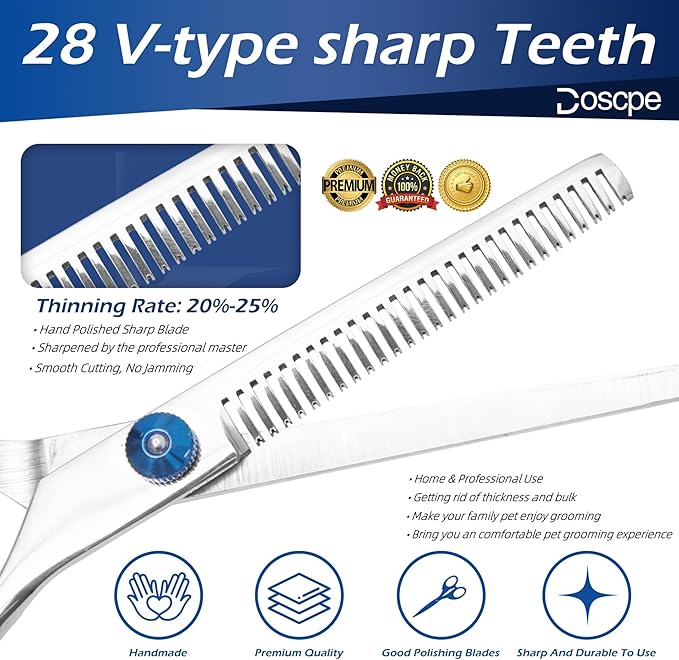 Dog Thinning Shears Professional Dog Grooming Scissors with Large Finger Hole for Pet Cat Hair Cutting Trimming Double Curved Finger Rest Right Left Handed