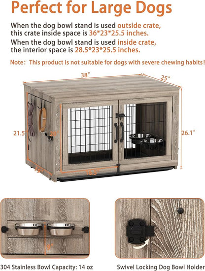 Piskyet Wooden Dog Crate Furniture with 360°Rotatable Removable Dog Bowls, Dog Crate End Table with Tray, Double Doors Dog Kennels for Dogs(L:37.7" L*25.1" W*26.1" H, Gray)