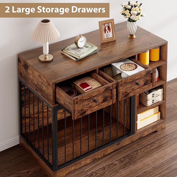 Dog Crate Furniture 47, Large Dog Crate TV Stand with 2 Drawers and 4 Shelves, Wooden Dog Kennel Indoor, Decorative Dog Cage with Storage for Large Dogs, Brown