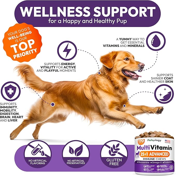Dog Multivitamin Chewable - Dog Vitamins and Supplements with Glucosamine - 170 Chews - Hip & Joint, Pet Immune Support, Skin & Coat, Gut & Heart Health - Senior & Puppy Multivitamin Pet Supplement