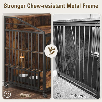 44 Inch Heavy Duty Dog Crate Furniture with 3 Doors, Dog Kennel with 360° Stainless Steel Bowls, Lockable Wheels, Wood Dog Cage End Table with Led Light, Pet Crate Dog Cage for Large/Medium/Small Dogs