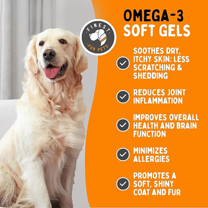 Omega 3 Fish Oil for Dogs - Finest For Pets Soft Gels for Skin & Coat, Itching, Shedding, Joints & Immune Health - 100% Pure Omega Fish Oil with EPA & DHA. Ideal for Medium to Large Dogs (180 ct)