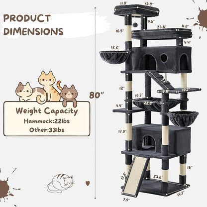 Tall Cat Tree Tower Large: 80-Inch 8-Level Extra Giant Cat Condo for Indoor Big Cats Adults with 9 Scratching Posts, 2 Perches, 2 Caves, 2 Basket, 2 Stairs, Heavy Duty, Huge