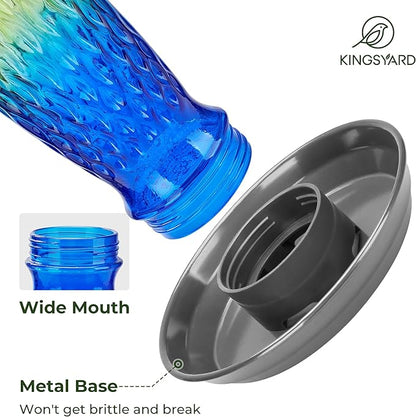 Kingsyard Bird Water Feeder for Outside, 24 Ounce, Glass Bird Water Dispenser with Metal Hanging for Garden Yard Outside Decoration, Green & Blue