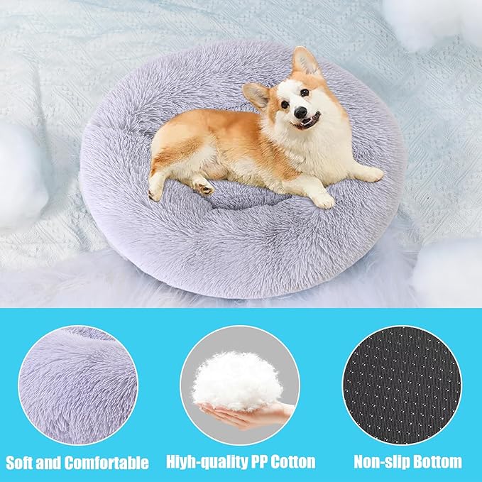 HYQ Small Dog Bed, Pet Beds for Small Dogs, Cat Beds for Indoor Cats, Fluffy Faux Fur Plush Small Dog Bed, Washable Puppy Bed with Anti-Slip Bottom, Dog Bed Medium Size Dog (Light Gray, 28 Inch)