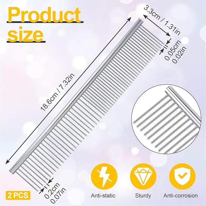 2pcs Dog Grooming Combs for Removing Tangles, Round Teeth Metal Cat Pet Hair Comb, Silver Large Professional Grooming Tool for Long Short Haired Dogs Cats Rabbits