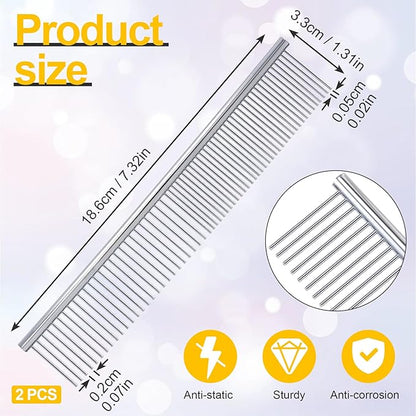 2pcs Dog Grooming Combs for Removing Tangles, Round Teeth Metal Cat Pet Hair Comb, Silver Large Professional Grooming Tool for Long Short Haired Dogs Cats Rabbits