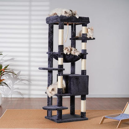 Heybly Cat Tree for Large Cats 20lbs Heavy Duty, 60 inches XXL Cat Tower for Indoor Cats, Multi-Level Furniture Condo with Big Padded Plush Perch, Cozy Basket, Smoky Gray HCT050G