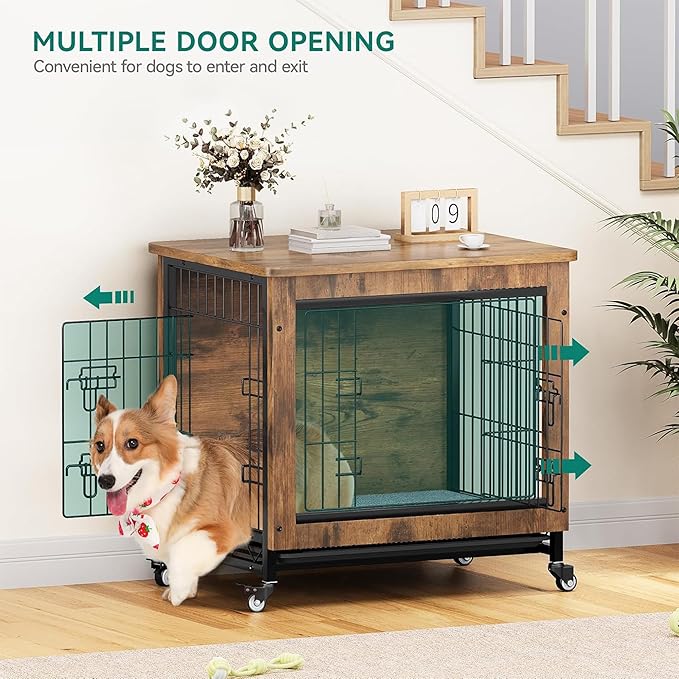 DWVO Dog Crate Furniture with Wheels, 27" Dog Kennel Indoor with Cushion, Dog Crate End Table with Tray, Dog Cage with Double Doors for Small Dog (Rustic Brown)