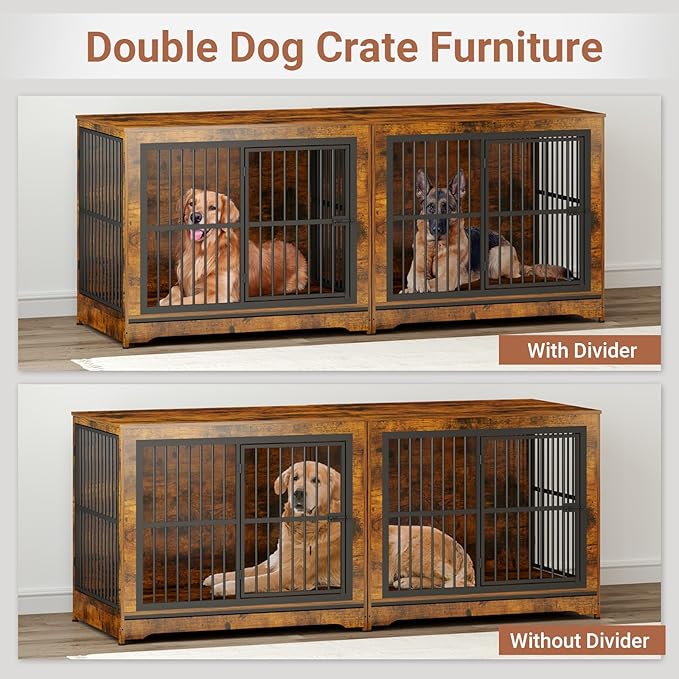86 Inch Double Dog Crate Furniture with Divider, 4 Combination Forms Large Dog Kennel Furniture for 2 Dogs, Rustic Brown Corner Dog Kennel for Small Medium Large Dogs