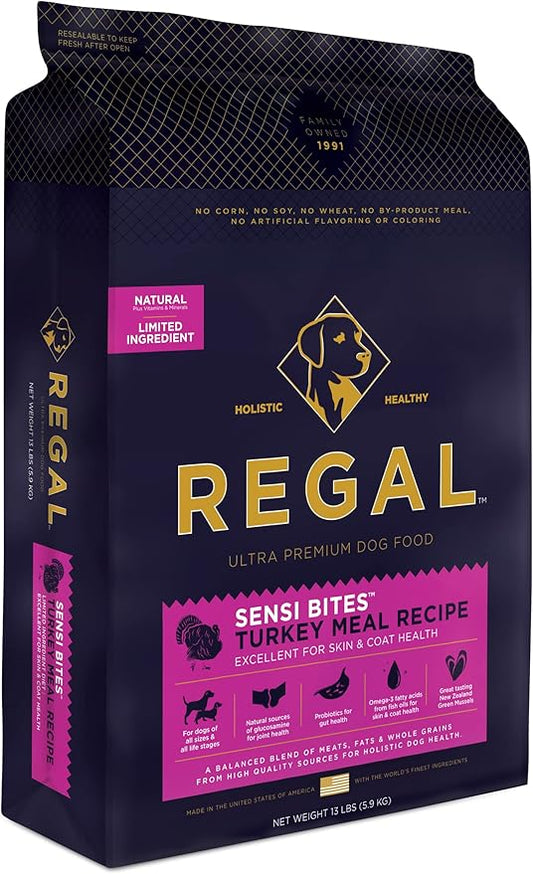 Regal Pet Foods Adult Sensi Bites Turkey Meal Recipe - All Natural, Limited Ingredient Dry Dog Food for All Breeds and Sizes of All Life Stages - Made in The USA, 13 LB Bag